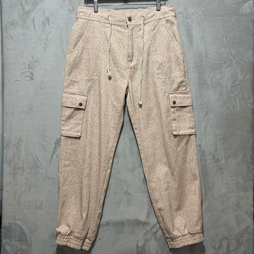 POL Floral Cargo Jogger Pants Tan Pink Cotton SMP491 Large